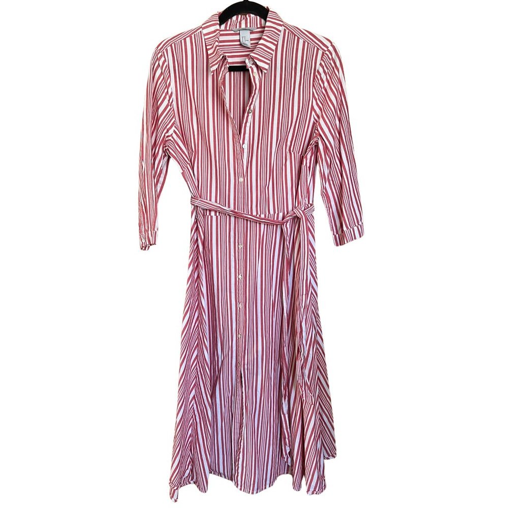 H&M Red and White Striped Midi Shirt Dress